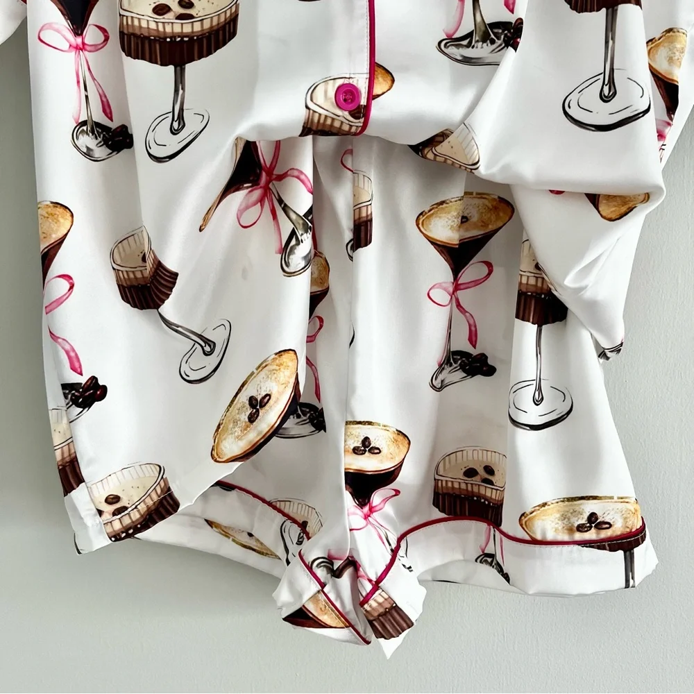 White Espresso Martini Cocktail Print Short Sleeve Pajama Set with Pink Trim